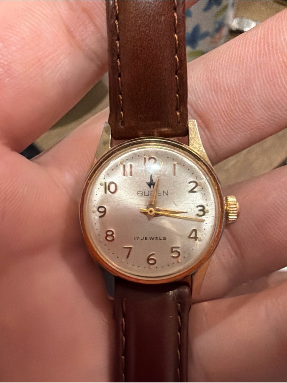 Buren 17 Jewels Vintage Gold-Tone Ladies Watch with Brown Leather Strap